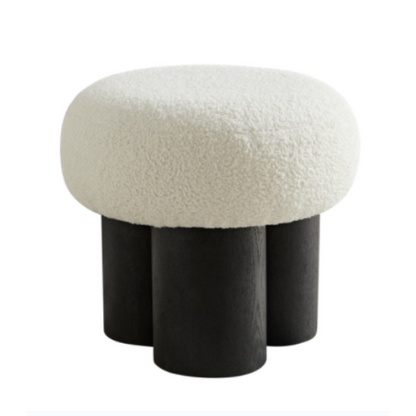 White Teddy Mushroom Ottoman Foot Stool, Imitation Wood Leg Cute Round Accent Seat for Entryway Bedroom