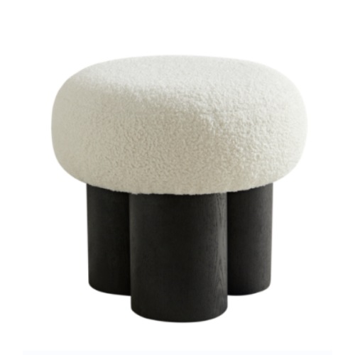 White Teddy Mushroom Ottoman Foot Stool, Imitation Wood Leg Cute Round Accent Seat for Entryway Bedroom