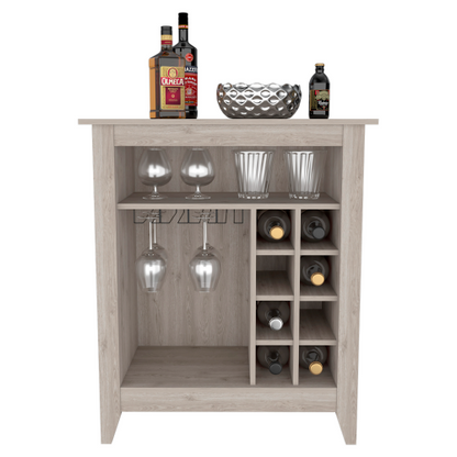 Bar- coffee cart 38 inch H, Kitchen or living room cabinet storage, with 8 bottle racks, a central shelf with  1 Cup holders, ideal for storing glasses, Light Gray