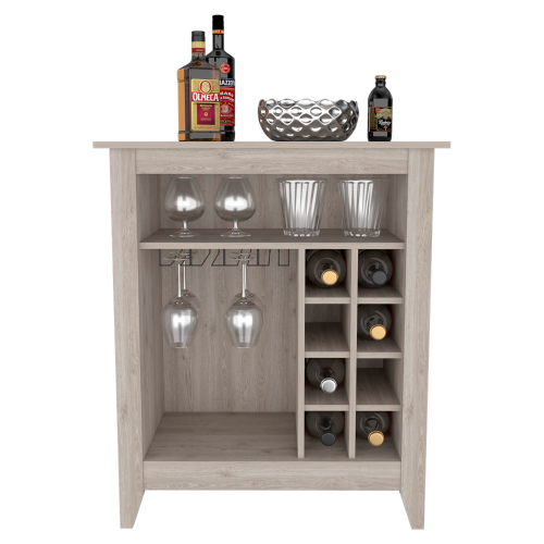 Bar- coffee cart 38 inch H, Kitchen or living room cabinet storage, with 8 bottle racks, a central shelf with  1 Cup holders, ideal for storing glasses, Light Gray