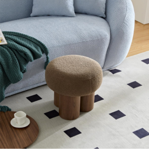 Brown Teddy Mushroom Ottoman Stool, Walnut Veneer Barrel Base Cute Footrest for Entryway & Kids Room