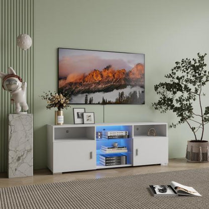 57.1 Inch Modern White LED TV Stand with Adjustable Glass Shelves & Large Drawer for 60 Inch TV