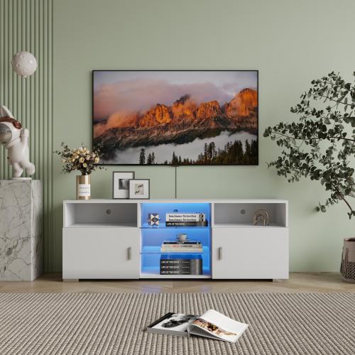 57.1 Inch Modern White LED TV Stand with Adjustable Glass Shelves & Large Drawer for 60 Inch TV