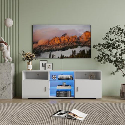 57.1 Inch Modern White LED TV Stand with Adjustable Glass Shelves & Large Drawer for 60 Inch TV