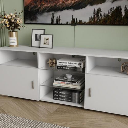 57.1 Inch Modern White LED TV Stand with Adjustable Glass Shelves & Large Drawer for 60 Inch TV