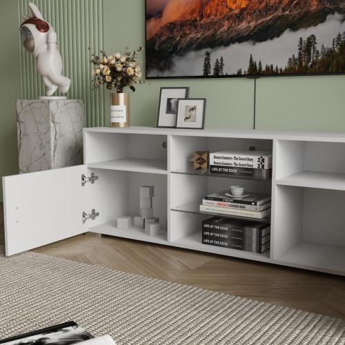 57.1 Inch Modern White LED TV Stand with Adjustable Glass Shelves & Large Drawer for 60 Inch TV