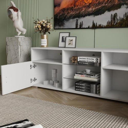 57.1 Inch Modern White LED TV Stand with Adjustable Glass Shelves & Large Drawer for 60 Inch TV