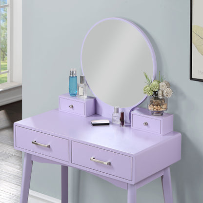 Contemporary Purple Wood Vanity and Stool Set, Round Mirror, Rubberwood Frame, 32.68 inch W
