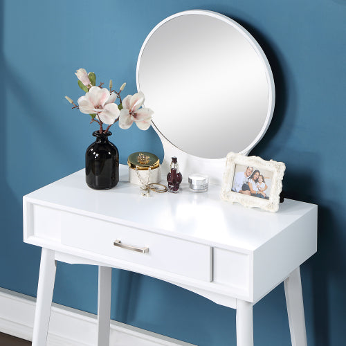 Contemporary White Wood Vanity and Stool Set, Round Mirror, Rubberwood Frame, 32.28 inch W