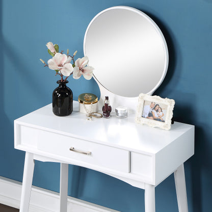 Contemporary White Wood Vanity and Stool Set, Round Mirror, Rubberwood Frame, 32.28 inch W