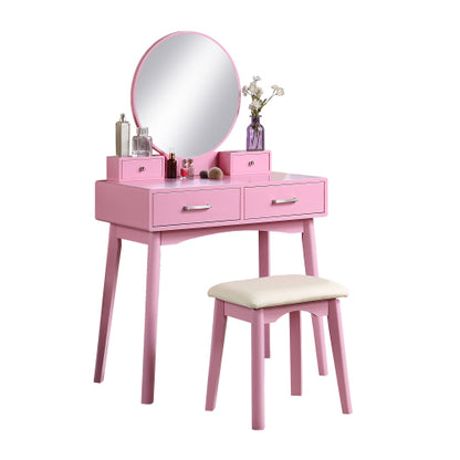 Contemporary Pink Wood Vanity and Stool Set, Round Mirror, Rubberwood Frame, 32.68 inch W