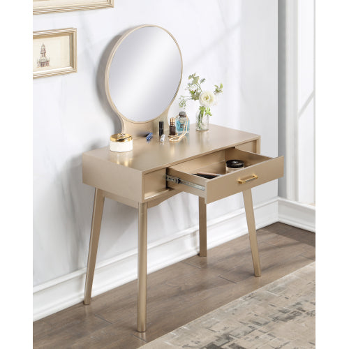 Contemporary Gold Wood Vanity Table & Stool Set, Round Mirror, Solid Rubberwood Frame