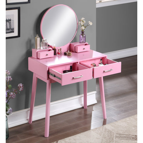 Contemporary Pink Wood Vanity and Stool Set, Round Mirror, Rubberwood Frame, 32.68 inch W
