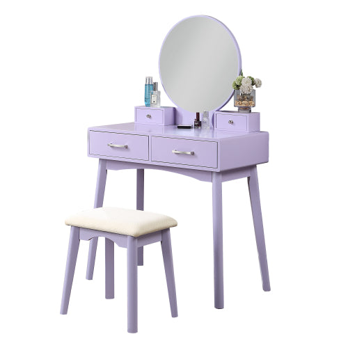 Contemporary Purple Wood Vanity and Stool Set, Round Mirror, Rubberwood Frame, 32.68 inch W