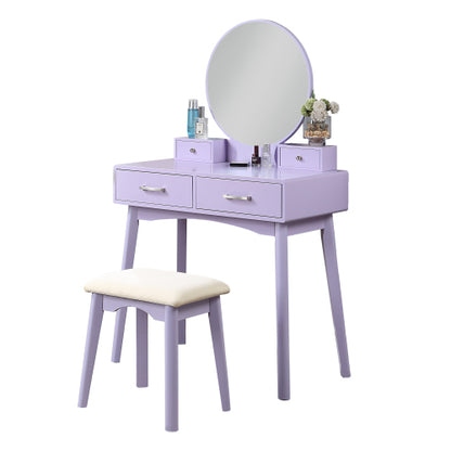 Contemporary Purple Wood Vanity and Stool Set, Round Mirror, Rubberwood Frame, 32.68 inch W