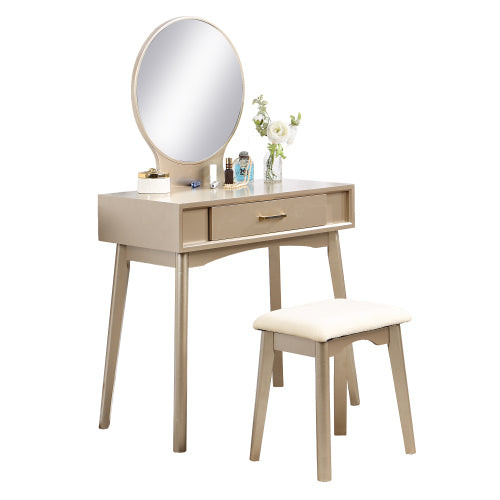 Contemporary Gold Wood Vanity Table & Stool Set, Round Mirror, Solid Rubberwood Frame