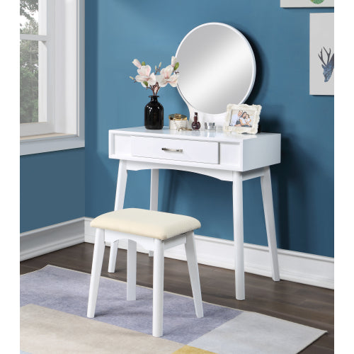 Contemporary White Wood Vanity and Stool Set, Round Mirror, Rubberwood Frame, 32.28 inch W