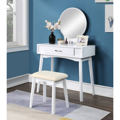 Contemporary White Wood Vanity and Stool Set, Round Mirror, Rubberwood Frame, 32.28 inch W