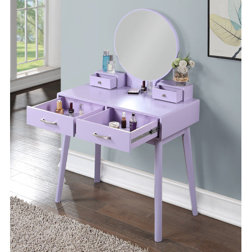 Contemporary Purple Wood Vanity and Stool Set, Round Mirror, Rubberwood Frame, 32.68 inch W