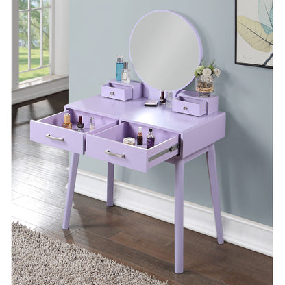 Contemporary Purple Wood Vanity and Stool Set, Round Mirror, Rubberwood Frame, 32.68 inch W