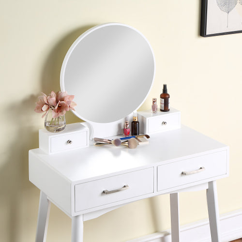 Contemporary White Wood Vanity and Stool Set, Round Mirror, Rubberwood Frame, 32.68 inch W