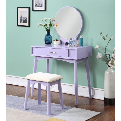Contemporary Purple Wood Vanity and Stool Set, Round Mirror, Rubberwood Frame, 32.28 inch W