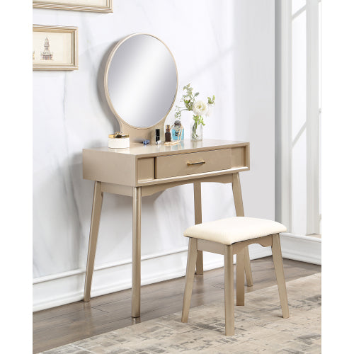 Contemporary Gold Wood Vanity Table & Stool Set, Round Mirror, Solid Rubberwood Frame