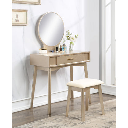 Contemporary Gold Wood Vanity Table & Stool Set, Round Mirror, Solid Rubberwood Frame