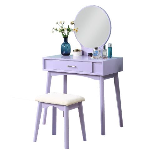 Contemporary Purple Wood Vanity and Stool Set, Round Mirror, Rubberwood Frame, 32.28 inch W