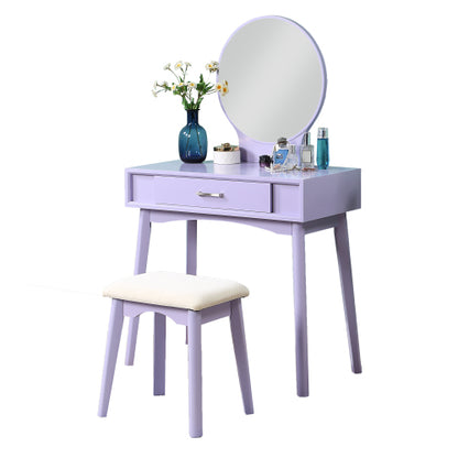 Contemporary Purple Wood Vanity and Stool Set, Round Mirror, Rubberwood Frame, 32.28 inch W