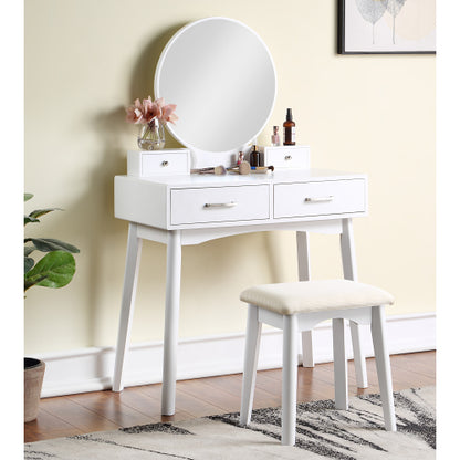 Contemporary White Wood Vanity and Stool Set, Round Mirror, Rubberwood Frame, 32.68 inch W