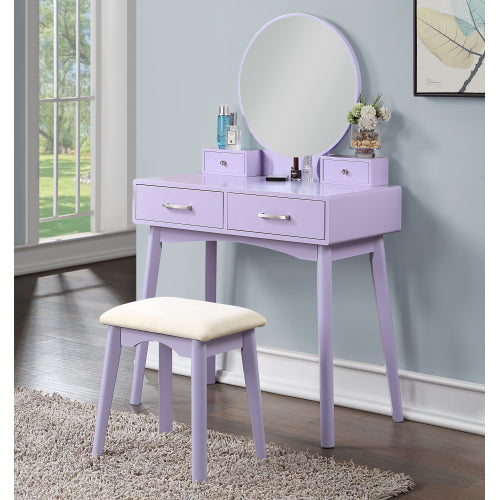 Contemporary Purple Wood Vanity and Stool Set, Round Mirror, Rubberwood Frame, 32.68 inch W