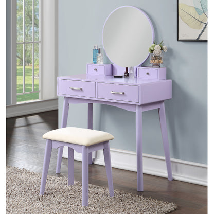 Contemporary Purple Wood Vanity and Stool Set, Round Mirror, Rubberwood Frame, 32.68 inch W
