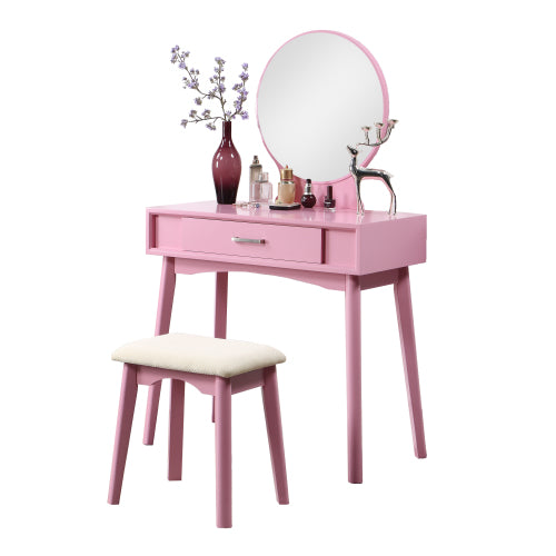 Contemporary Pink Wood Vanity and Stool Set, Round Mirror, Rubberwood Frame, 32.28 inch W