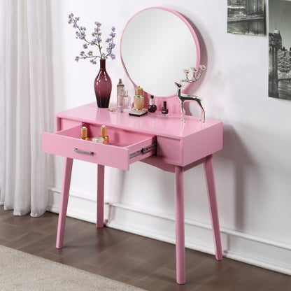 Contemporary Pink Wood Vanity and Stool Set, Round Mirror, Rubberwood Frame, 32.28 inch W