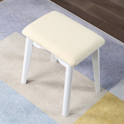 Contemporary White Wood Vanity and Stool Set, Round Mirror, Rubberwood Frame, 32.28 inch W