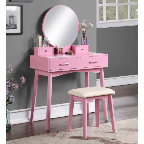 Contemporary Pink Wood Vanity and Stool Set, Round Mirror, Rubberwood Frame, 32.68 inch W