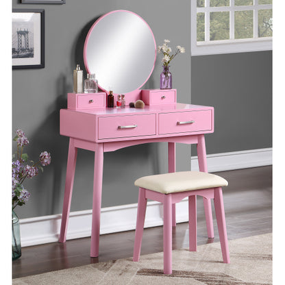 Contemporary Pink Wood Vanity and Stool Set, Round Mirror, Rubberwood Frame, 32.68 inch W