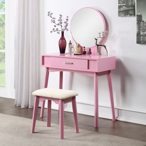 Contemporary Pink Wood Vanity and Stool Set, Round Mirror, Rubberwood Frame, 32.28 inch W