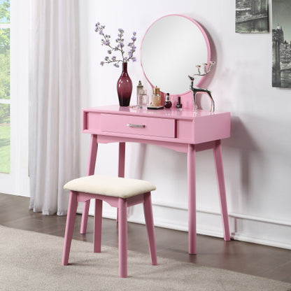 Contemporary Pink Wood Vanity and Stool Set, Round Mirror, Rubberwood Frame, 32.28 inch W