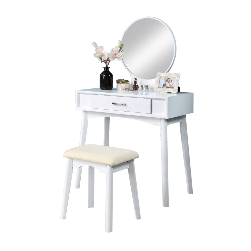 Contemporary White Wood Vanity and Stool Set, Round Mirror, Rubberwood Frame, 32.28 inch W
