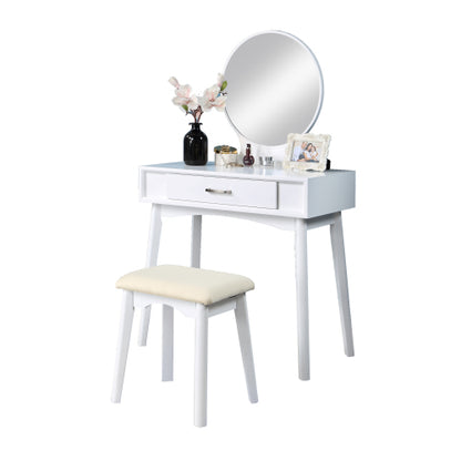 Contemporary White Wood Vanity and Stool Set, Round Mirror, Rubberwood Frame, 32.28 inch W