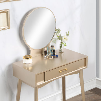 Contemporary Gold Wood Vanity Table & Stool Set, Round Mirror, Solid Rubberwood Frame