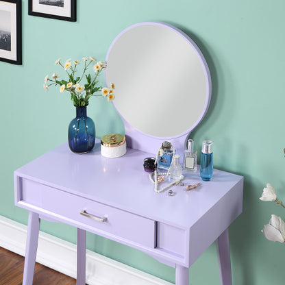 Contemporary Purple Wood Vanity and Stool Set, Round Mirror, Rubberwood Frame, 32.28 inch W