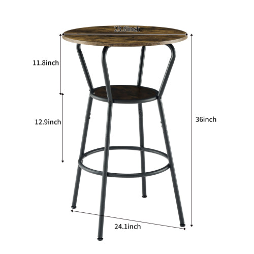 Round bar table and stool set with shelf, upholstered stool with backrest, Rustic Brown, 24.17inch W x 24.17inch D x 36.02inch H