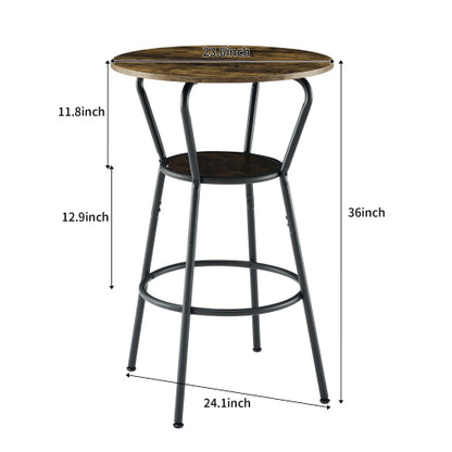 Round bar table and stool set with shelf, upholstered stool with backrest, Rustic Brown, 24.17inch W x 24.17inch D x 36.02inch H