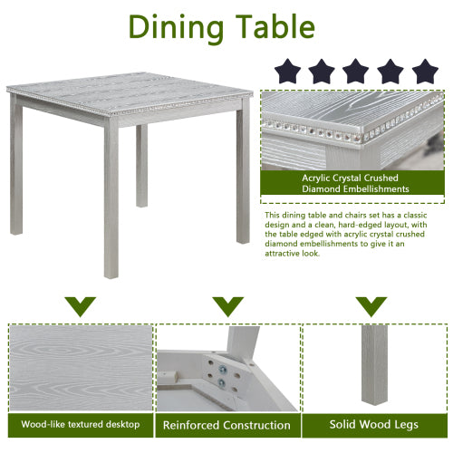 Modern Square Dining Table with Crystal Edge Detail and Solid Wood Frame