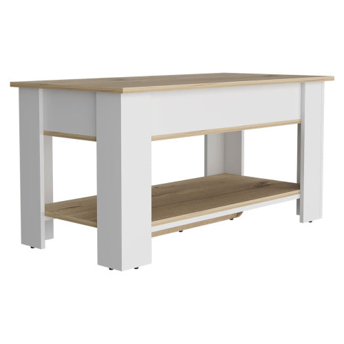 Storage Table, One Extendable Table Shelf, Four Legs, Lower Shelf -Light Oak / White