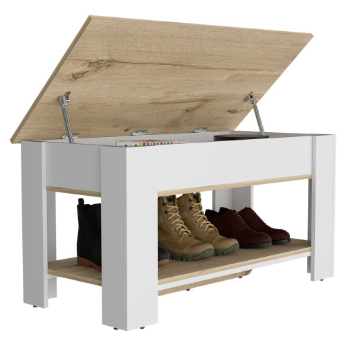 Storage Table, One Extendable Table Shelf, Four Legs, Lower Shelf -Light Oak / White