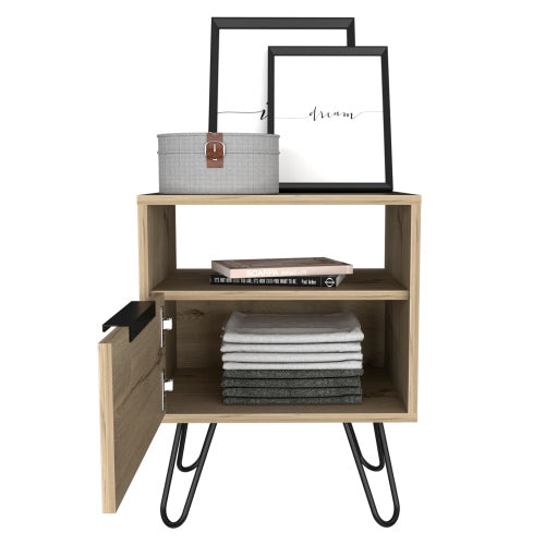 Light Oak Nightstand with Cabinet & Hairpin Legs